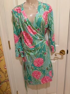 Lilly Pulitzer Mint Green Wrap Dress with Pink Floral Print